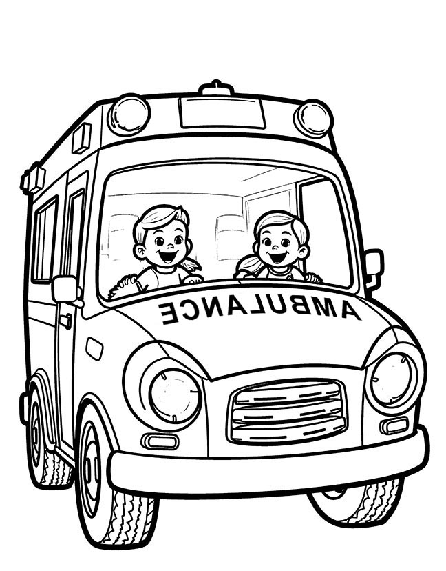 Ambulance with happy kids coloring page